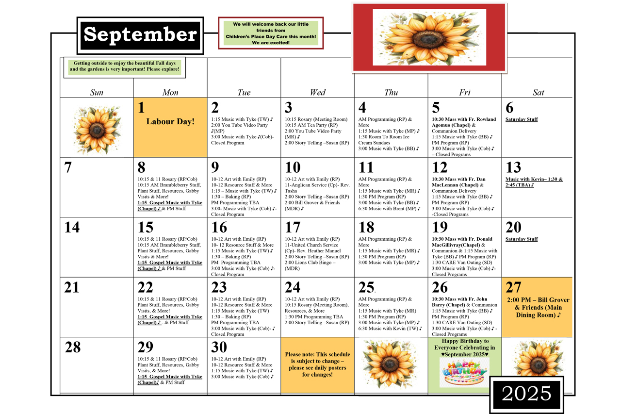 September 2025 Calendar, RK MacDonald Nursing Home