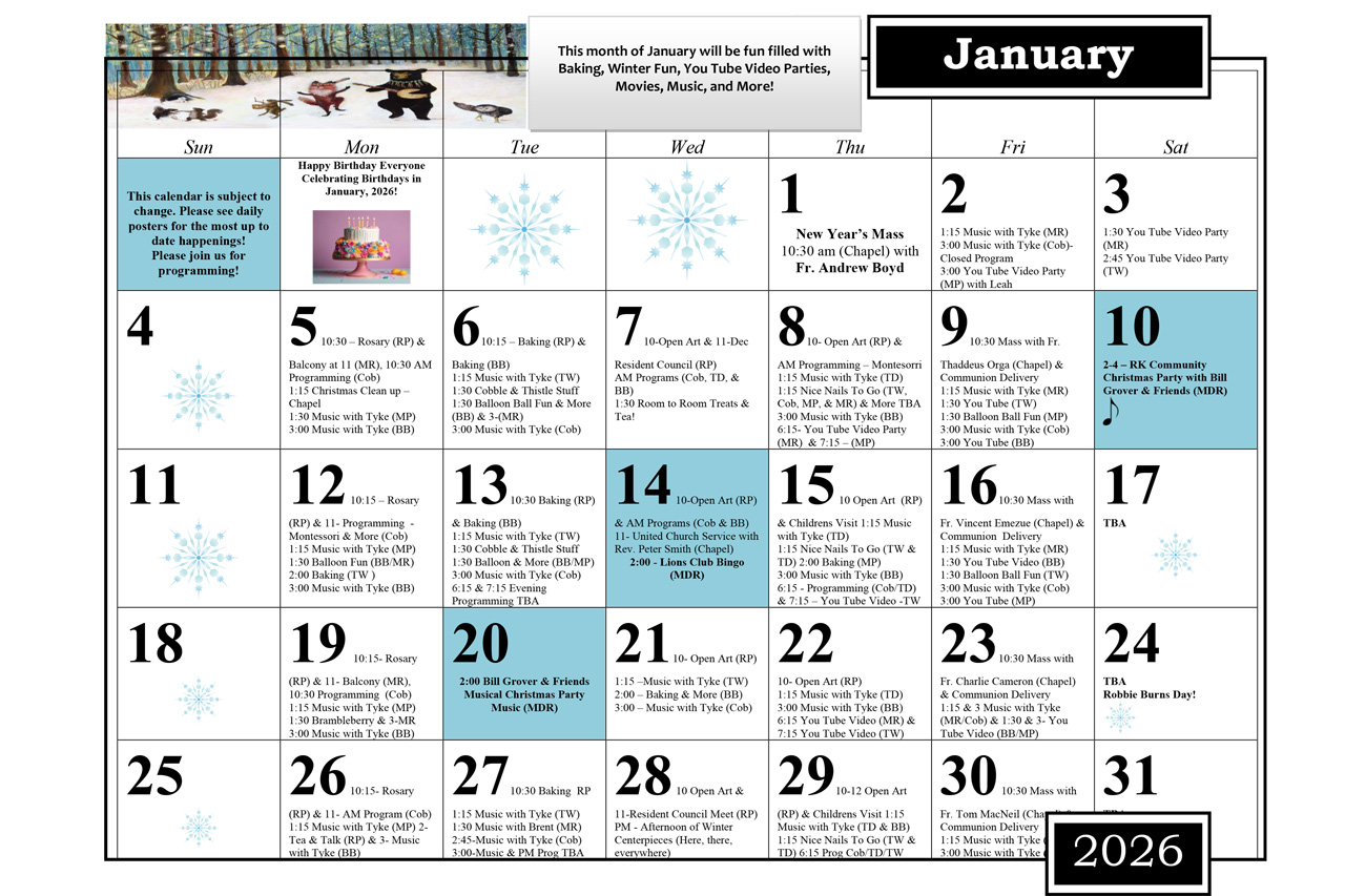 January 2026 Calendar - RK MacDonald Nursing Home